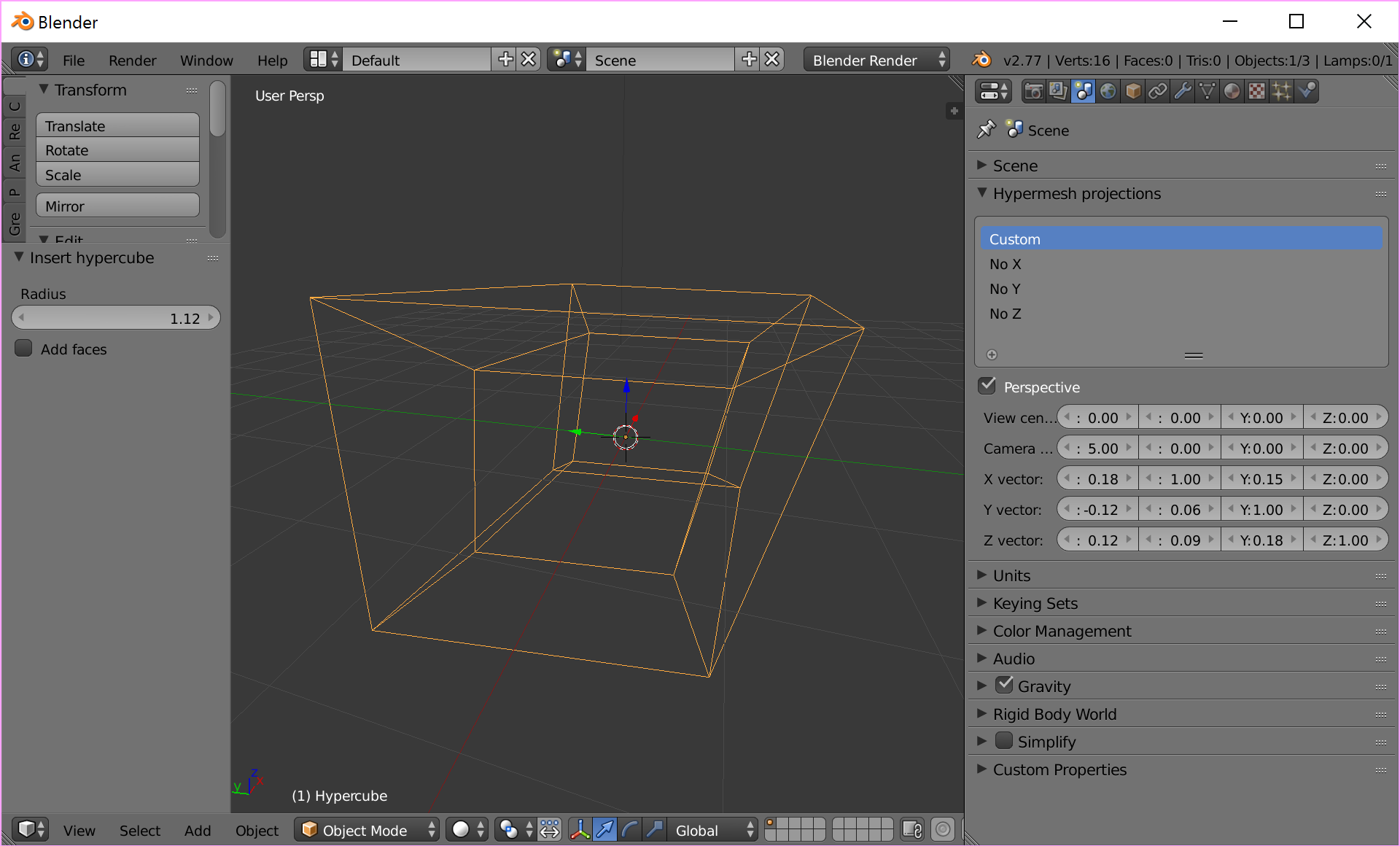 A hypercube in Blender, projected to 3D with perspective.